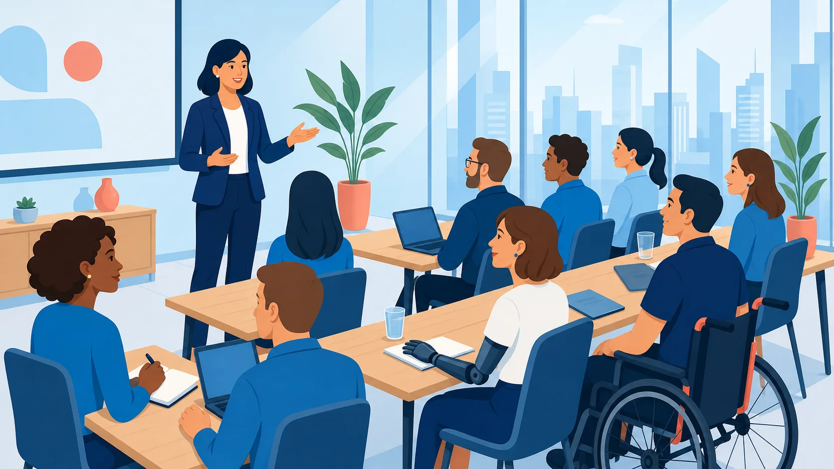 Palestrante da SERPCD conduzindo treinamento de sensibilização para uma plateia diversa, com participantes PCD