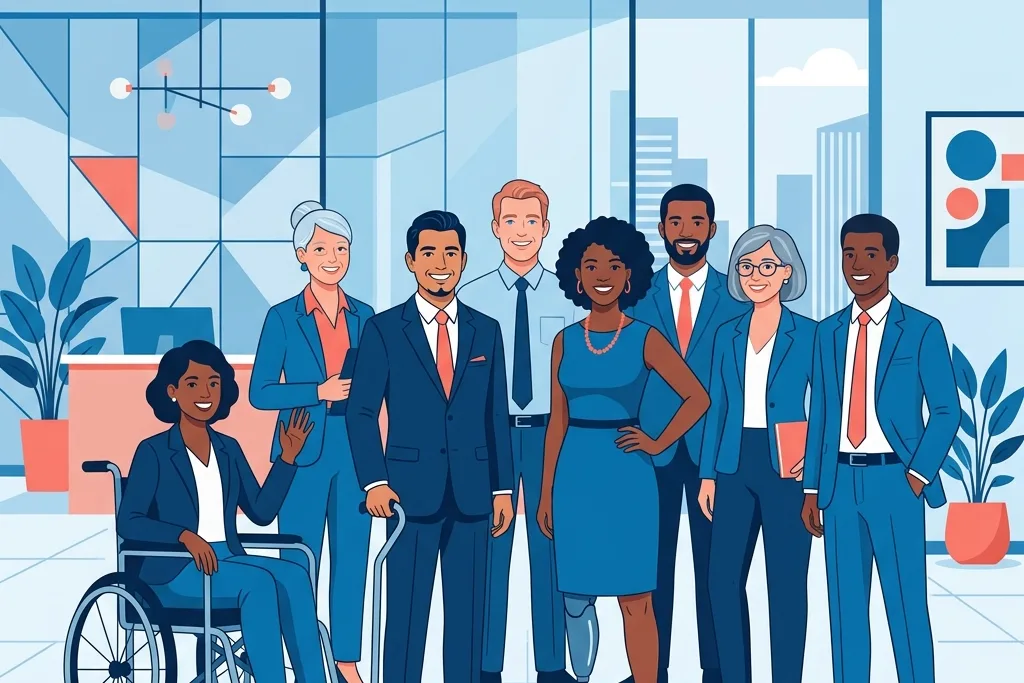 Grupo diversificado de profissionais PCD posando com confiança no lobby corporativo de uma grande empresa